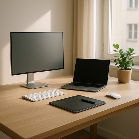 Arbeitsplatz mit Monitor, Notebook und Tablet