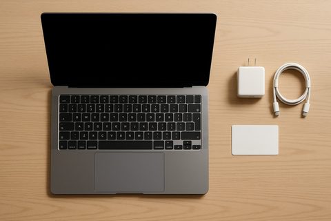 Notebook mit Netzteil und Kabel von oben